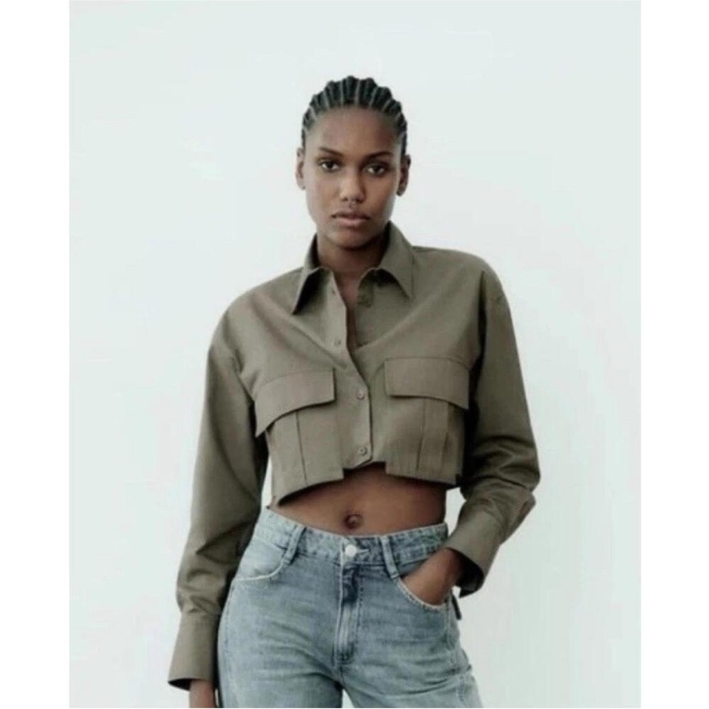 Olive Green Cropped Jacket Shirt - Zara